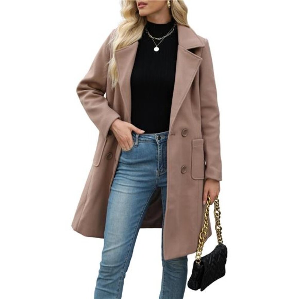 Women Winter Wool Blend Camel Mid-Long Coat Notch Double-Breasted Lapel Jacket